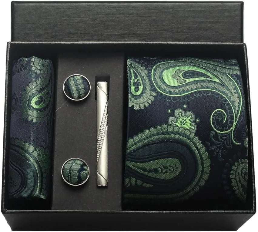 Men's Luxury Silk Paisley Floral Necktie, Pocket Square, Clip & Cufflinks Set - 80d3e6-0e.myshopify.com - BKA09 -  BKA09