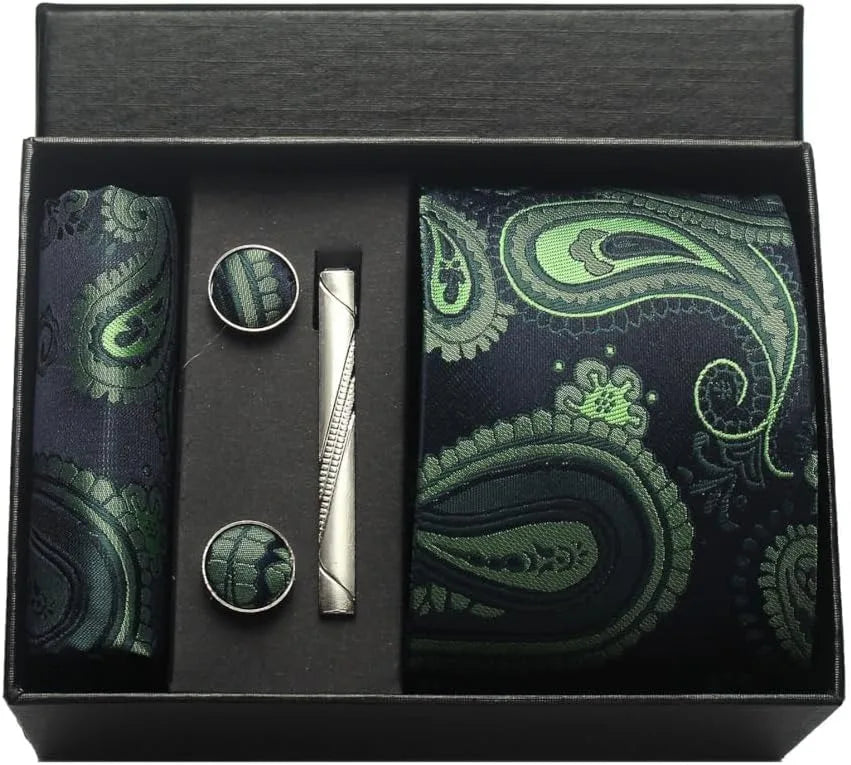 Men's Luxury Silk Paisley Floral Necktie, Pocket Square, Clip & Cufflinks Set - Lovez Aqua© - 