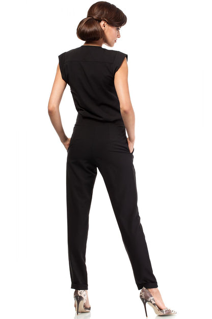 Women's Black Jumpsuit with Draped Neckline & Tapered Legs