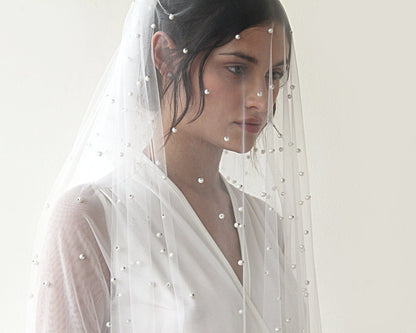 Ivory Fingertip Length Bridal Wedding Veil with Pearl Embellishments