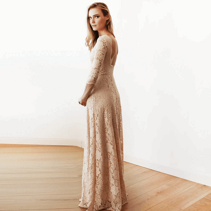 Blush Pink Lace Backless Maxi Wedding Gown with Boat Neckline & 3/4 Sleeves