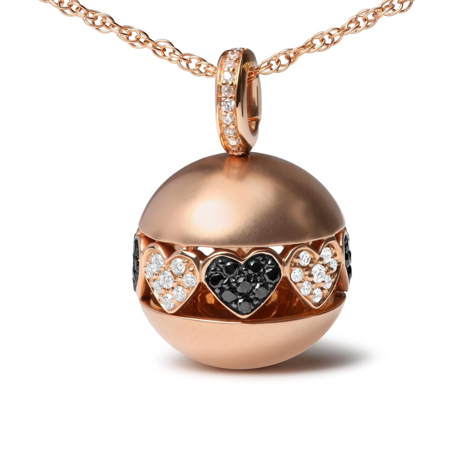 18K Rose Gold 3/8 Ct Black & White Diamond Ball Filigree Heart Pendant Necklace