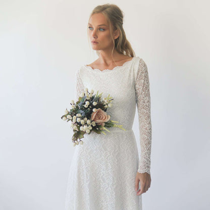 White Boat Neckline & Long Bell Lace Sleeves Modest Wedding Dress