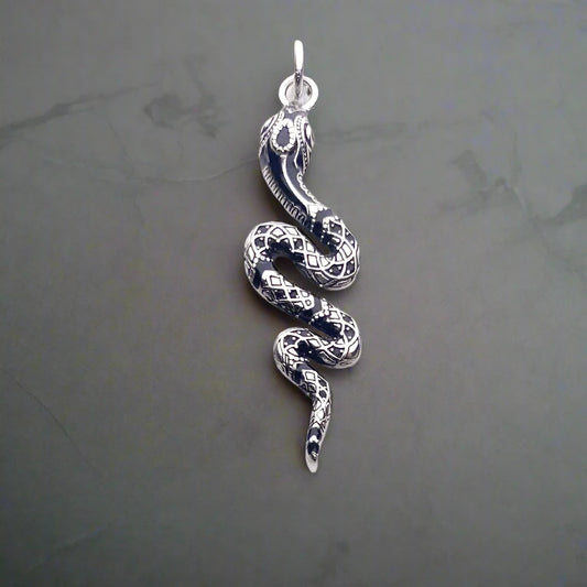 925 Sterling Silver Twisted Snake Black Zircon Encrusted Pendant Charm - Lovez Aqua© - 