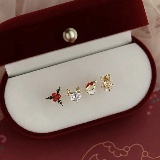 Vintage Style Zircon Elegant Christmas Themed Women's Gold Stud Earrings (4pcs)