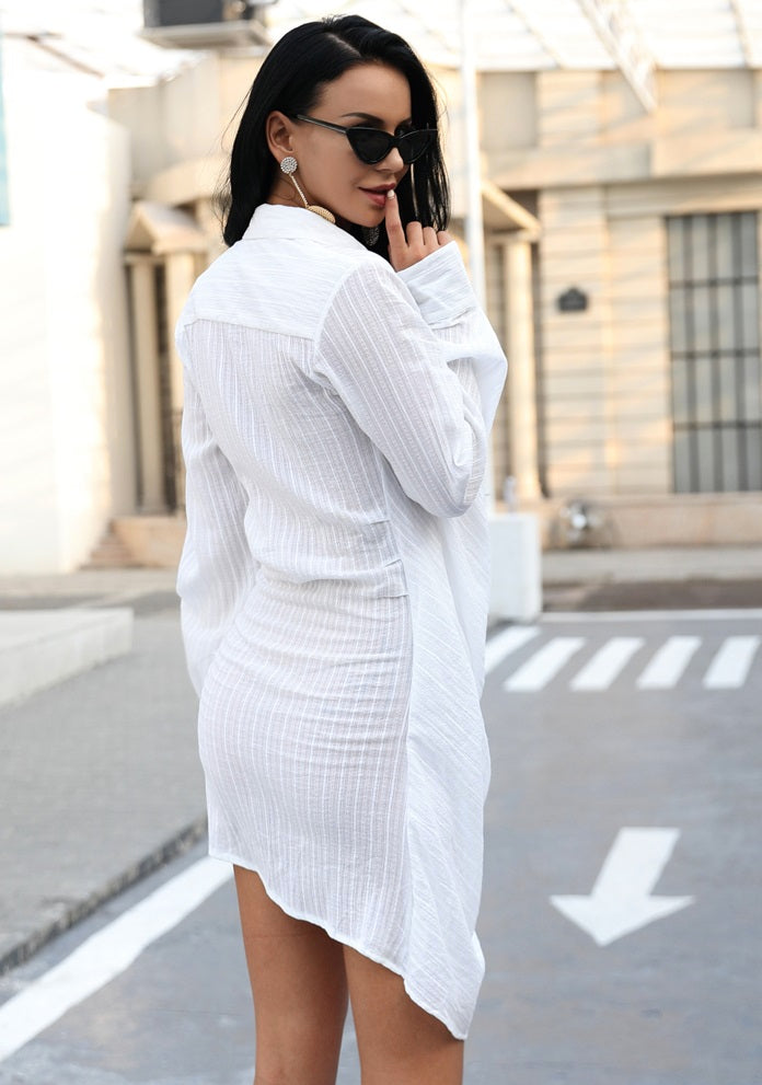 Women's Casual Flowing White Knee Length Shirt Dress