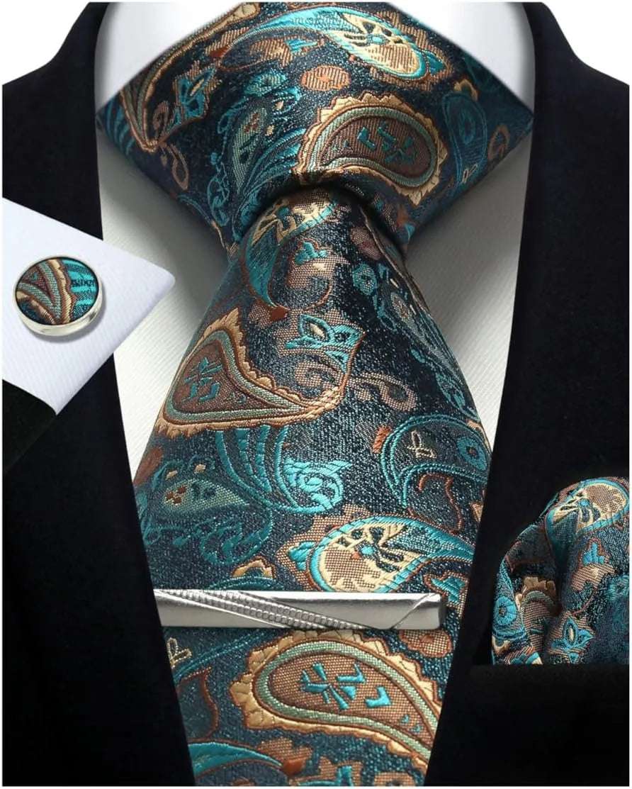 Men's Luxury Silk Paisley Floral Necktie, Pocket Square, Clip & Cufflinks Set - 80d3e6-0e.myshopify.com - -  