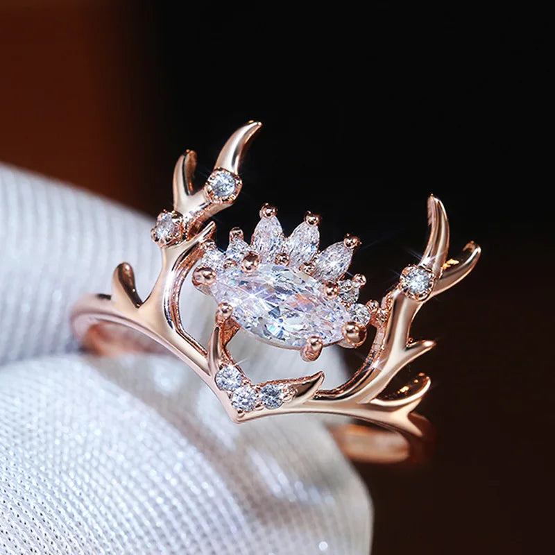 Delicate Gold Elk Antlers & Cubic Zirconia Crown Women's Ring