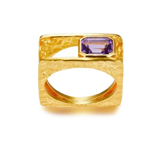 Natural Amethyst S925 Sterling Silver Unique Square Gold Plated Women's Ring