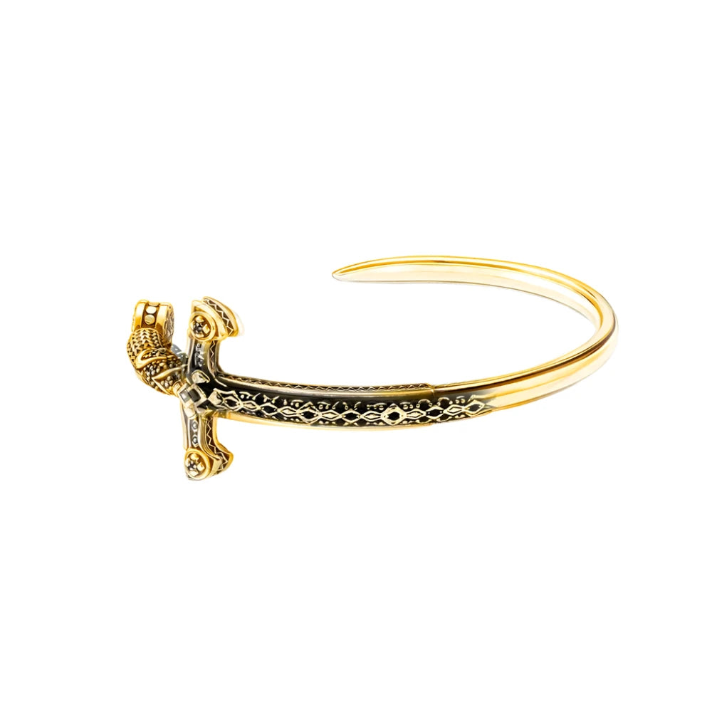 925 Sterling Silver Gold Plated Royal Ornamentation Sword Adjustable Cuff Bangle - Lovez Aqua© - 