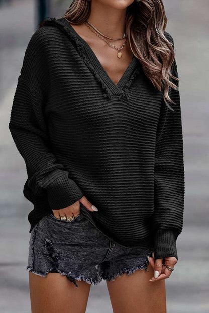 Women's Casual V-Neck Ribbed Drop Shoulder Hooded Sweater - 80d3e6-0e.myshopify.com - Black / S -  Black