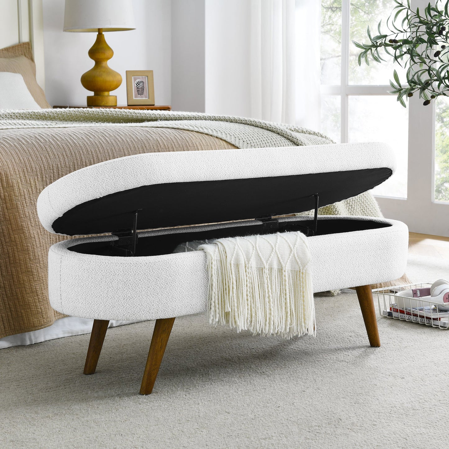 Ottoman White Linen Oval Storage Bench Seat with Wooden Legs - Lovez Aqua© - 