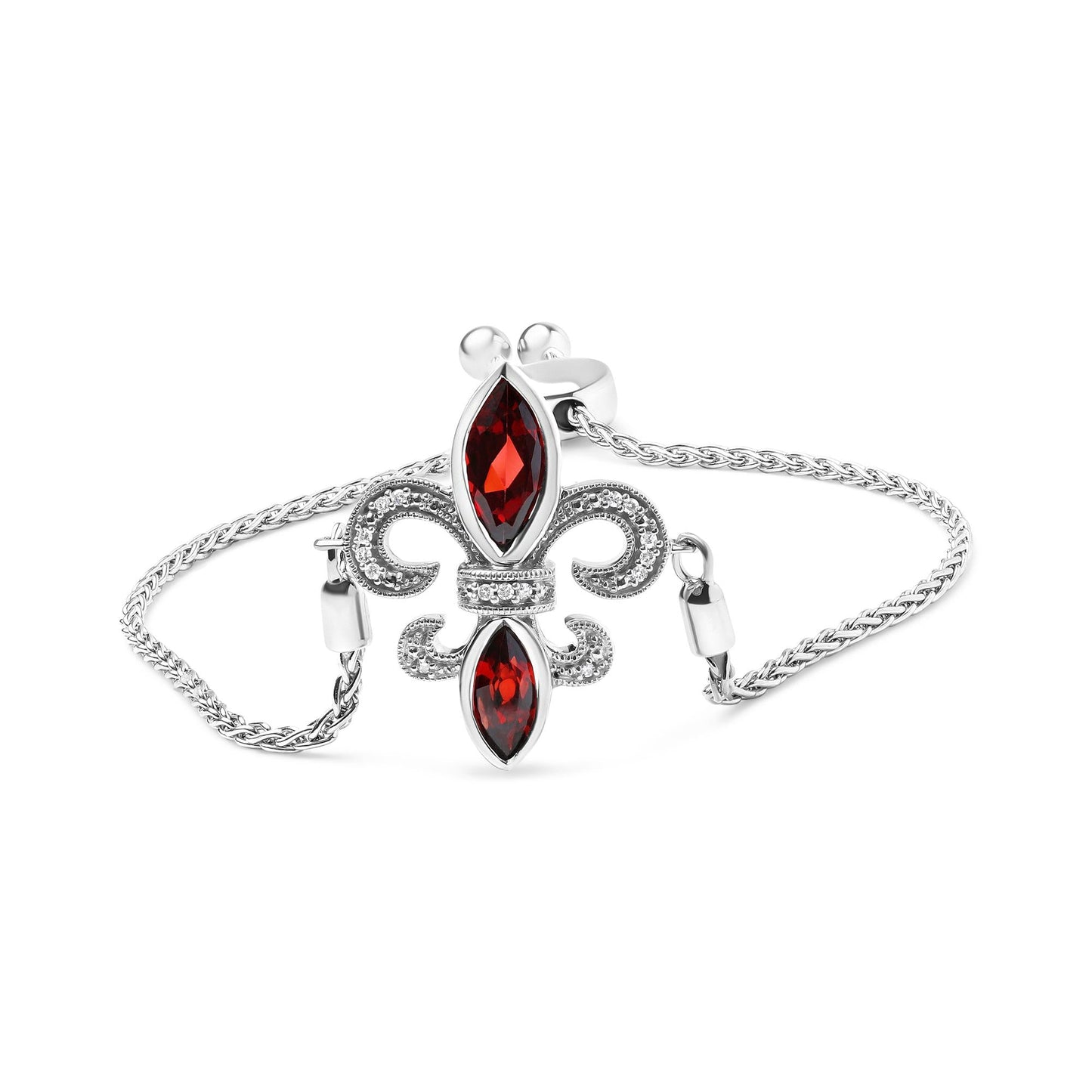 925 Sterling Silver Marquise Garnet & Diamond Lariat Fleur De Lis Bolo Bracelet