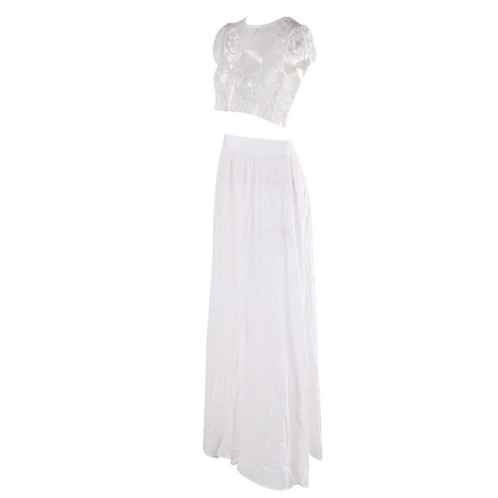 Women's Two Piece Lace Blouse & Long Slit Flowing Skirt Set