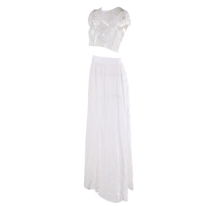 Women's Two Piece Lace Blouse & Long Slit Flowing Skirt Set