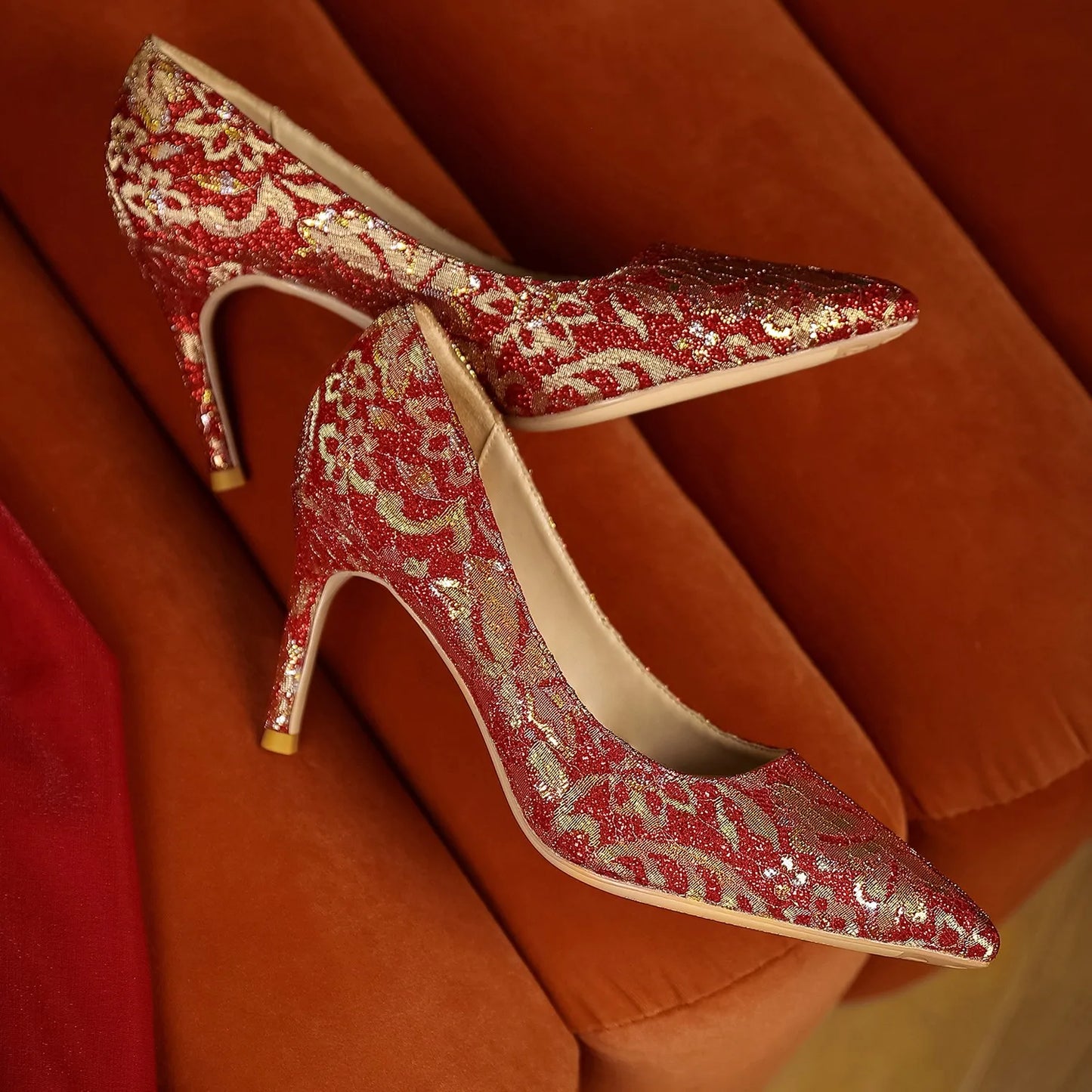 Festive Red & Gold Glitter Chinese Wedding Pointed Bridal Stiletto High Heels