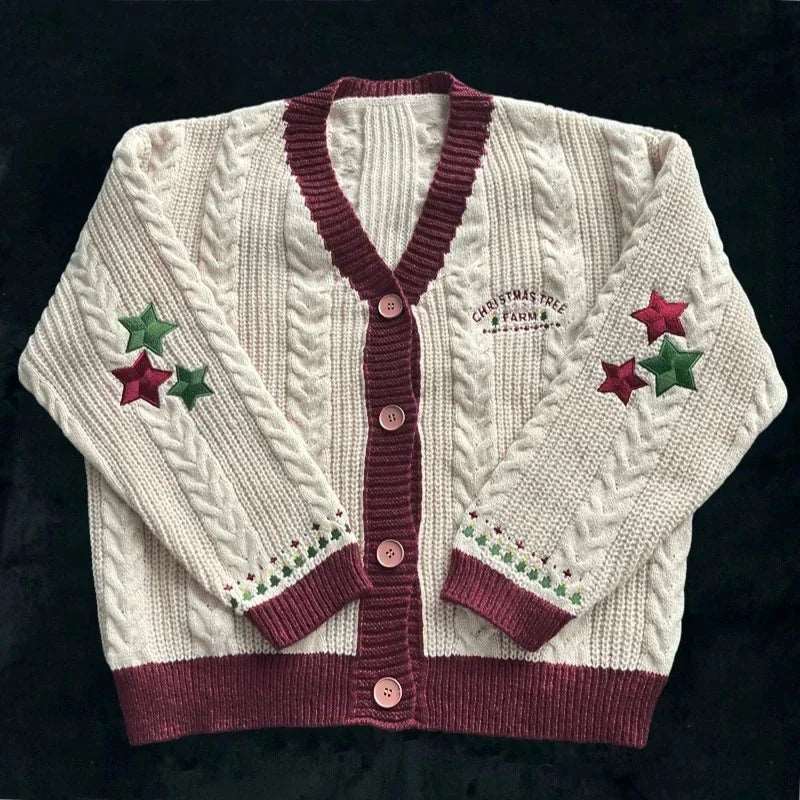 Women's Cozy Red & Green Christmas Tree & Stars Knitted Embroidered Cardigan