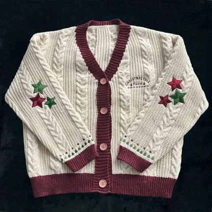 Women's Cozy Red & Green Christmas Tree & Stars Knitted Embroidered Cardigan