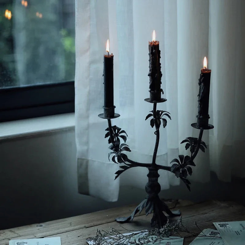 Vintage-Inspired Black Wrought Iron Candelabra with Floral Details - Lovez Aqua© - 