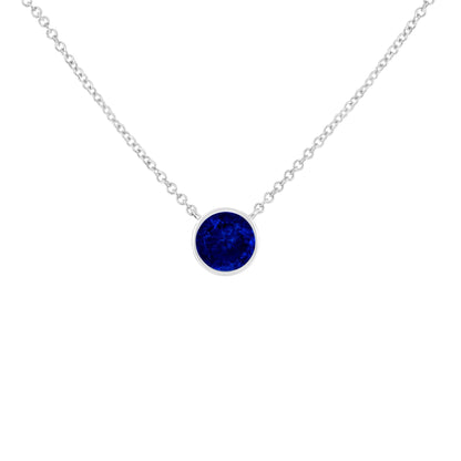 925 Sterling Silver Lab Grown Cobalt Blue Sapphire Solitaire Bezel Necklace