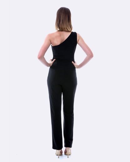 Women's Sleek Black Jersey One Shoulder Pantsuit