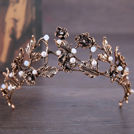 Antique Bronze & Black Crystal Bridal Hair Crown with Pearl Embellishments