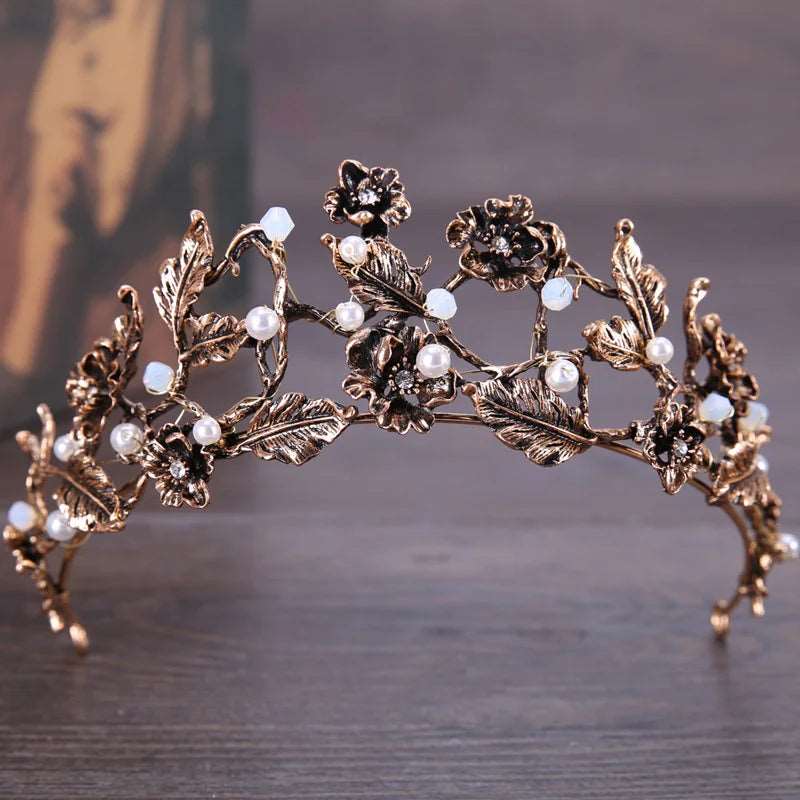 Antique Bronze & Black Crystal Bridal Hair Crown with Pearl Embellishments - Lovez Aqua© - bride, wedding