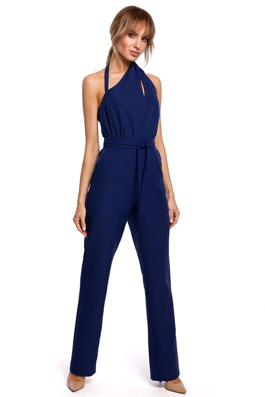 Women's Navy Blue Halter Neck Jumpsuit with Keyhole Cutout & Tie Waist