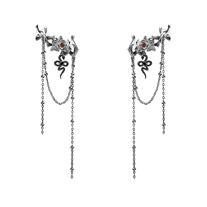 Women's Gothic Punk Silver Snake & Ruby Crystal Rose Ear Cuff Earrings - Lovez Aqua© - 