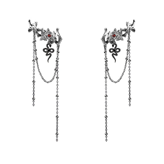 Women's Gothic Punk Silver Snake & Ruby Crystal Rose Ear Cuff Earrings - Lovez Aqua© - 