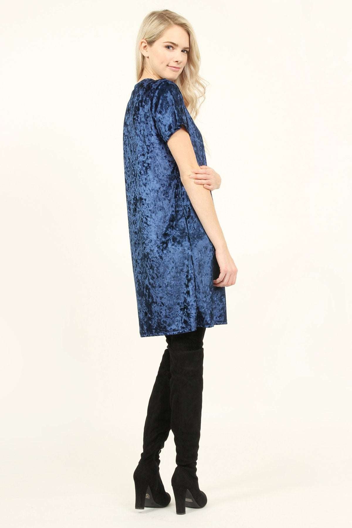 Women's Short Sleeve Relaxed Fit Crushed Velvet Tunic Dress