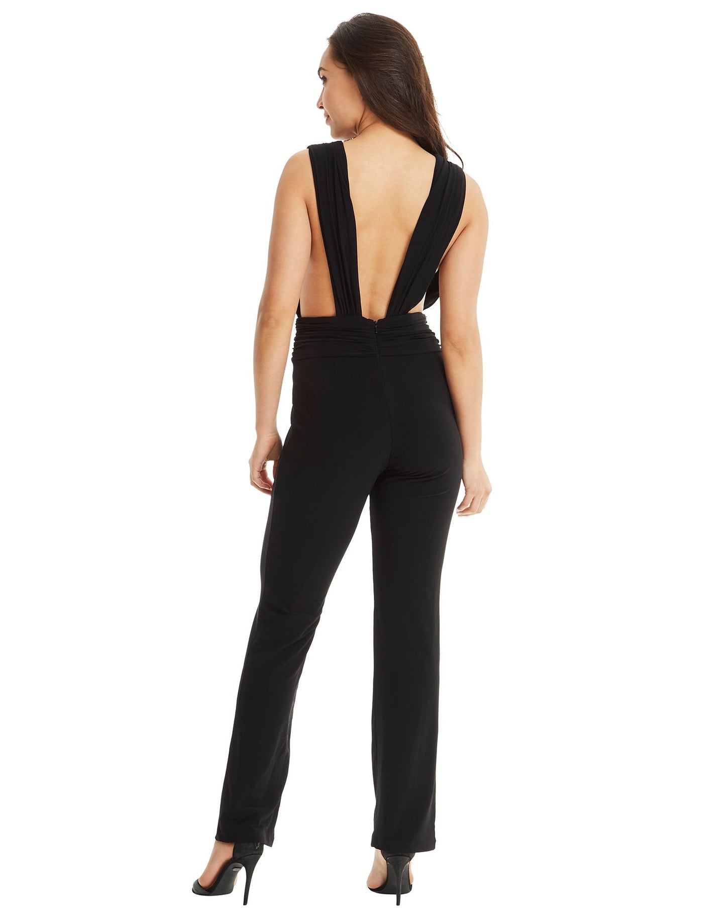 Women's Black Halter Neck Jumpsuit with Plunging V Neckline & Cinched Waist