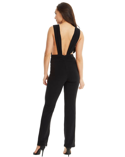 Women's Black Halter Neck Jumpsuit with Plunging V Neckline & Cinched Waist