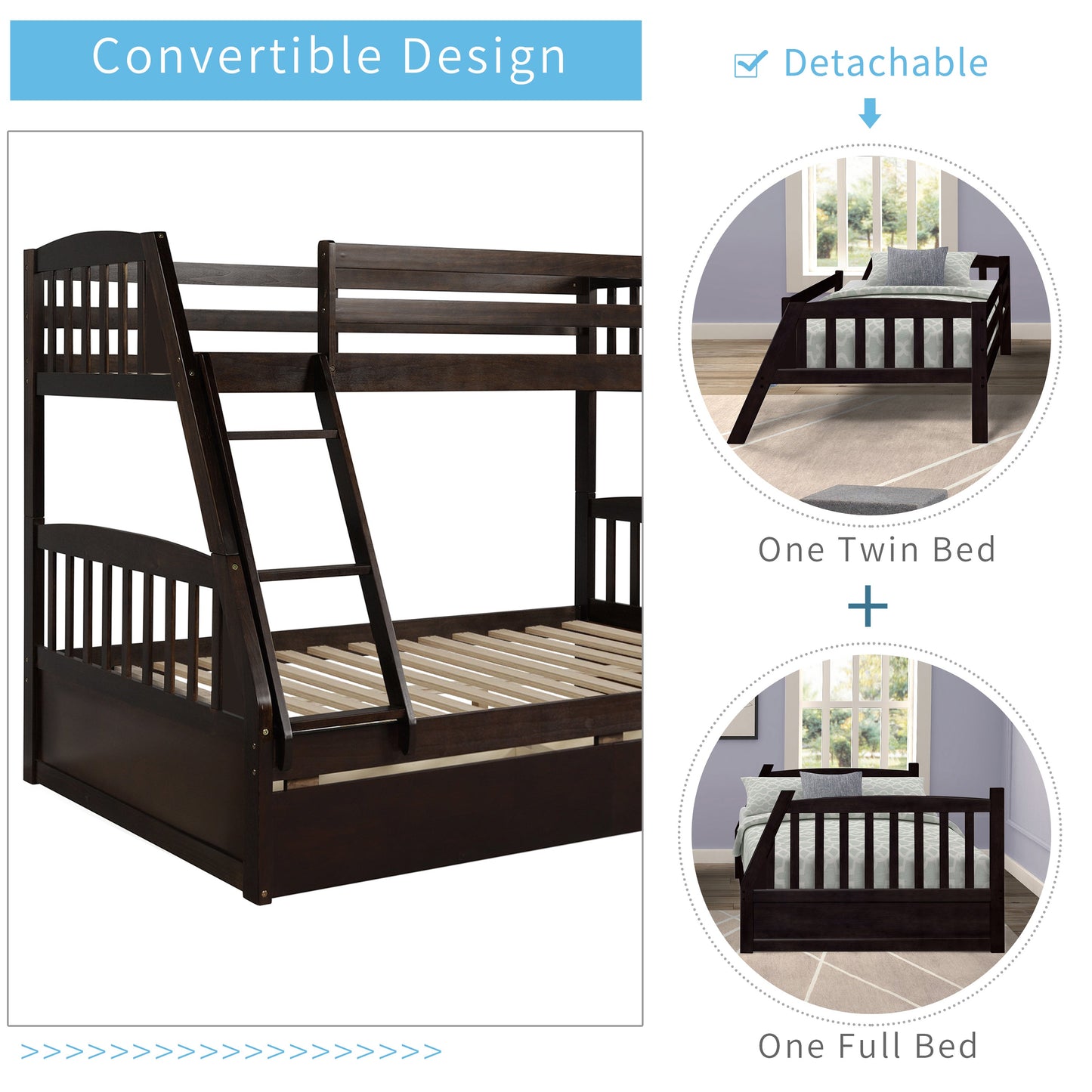 Espresso Pine Wood Twin Over Full Bunk Bed With Two Storage Drawers - Lovez Aqua© - 