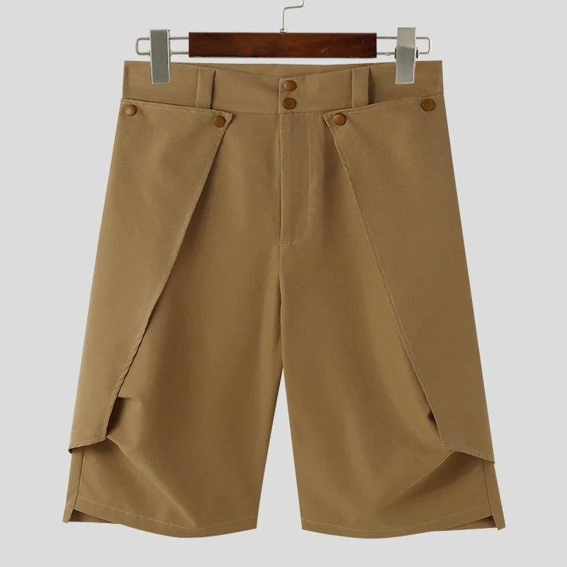 Men's High-Waisted, Wide-Leg Shorts with Button Detail & Overlapping Design