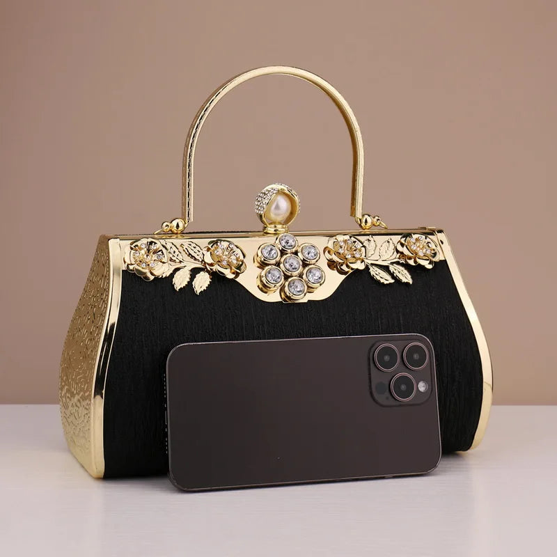 Women's Black Velvet & Gold Engraved Roses Rhinestone Evening Handbag