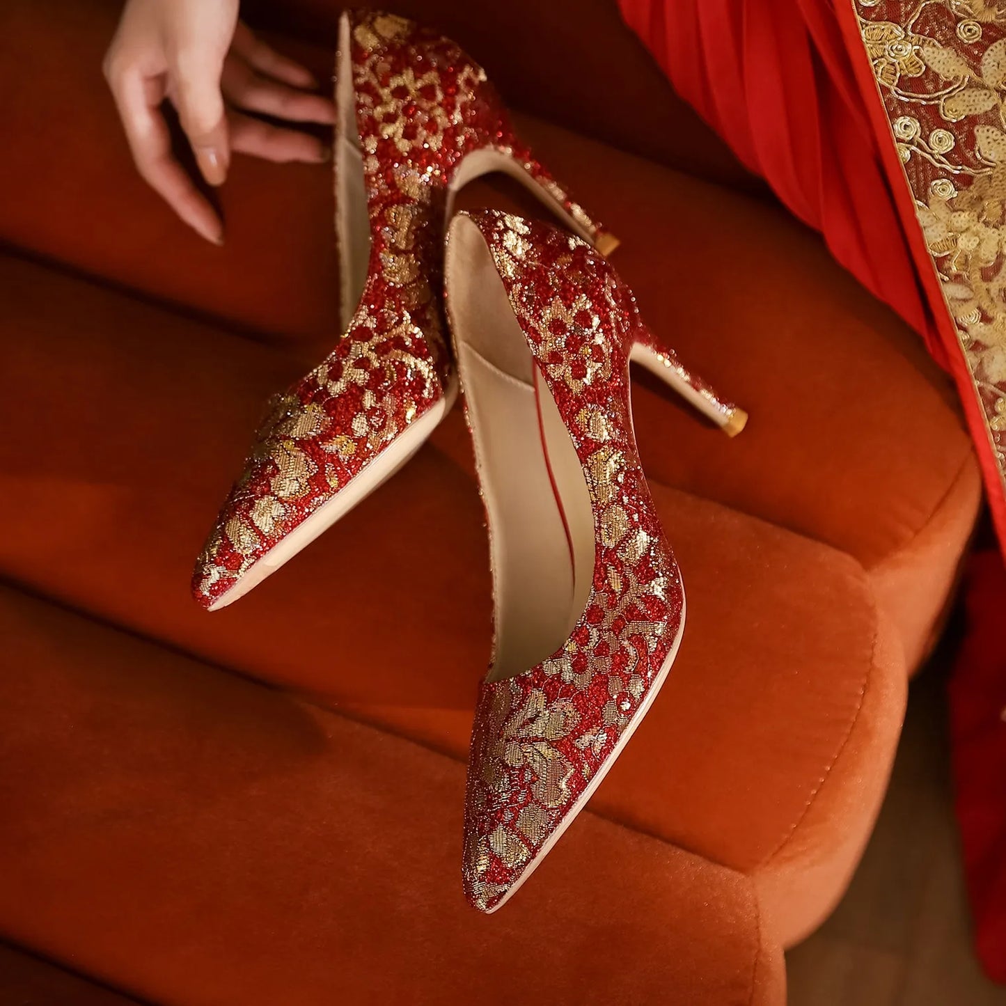 Festive Red & Gold Glitter Chinese Wedding Pointed Bridal Stiletto High Heels