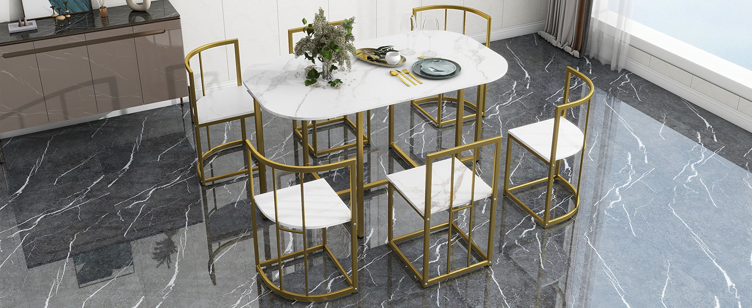 Modern 7-Piece Faux White Marble & Gold Compact Table & Chair Dining Set - 80d3e6-0e.myshopify.com - -  