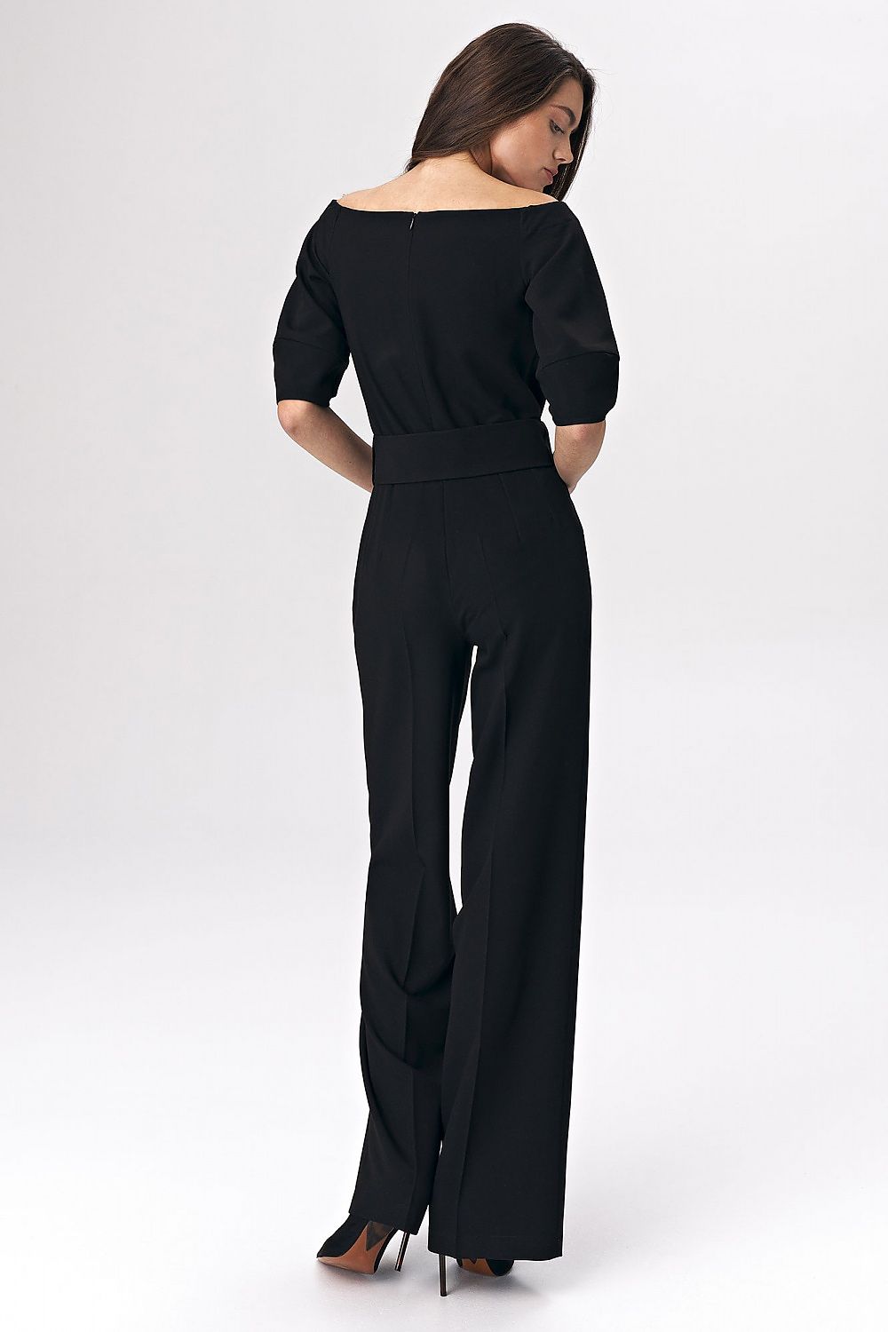 Women's Elegant Black Jumpsuit With Boat Neckline & Belted Waist