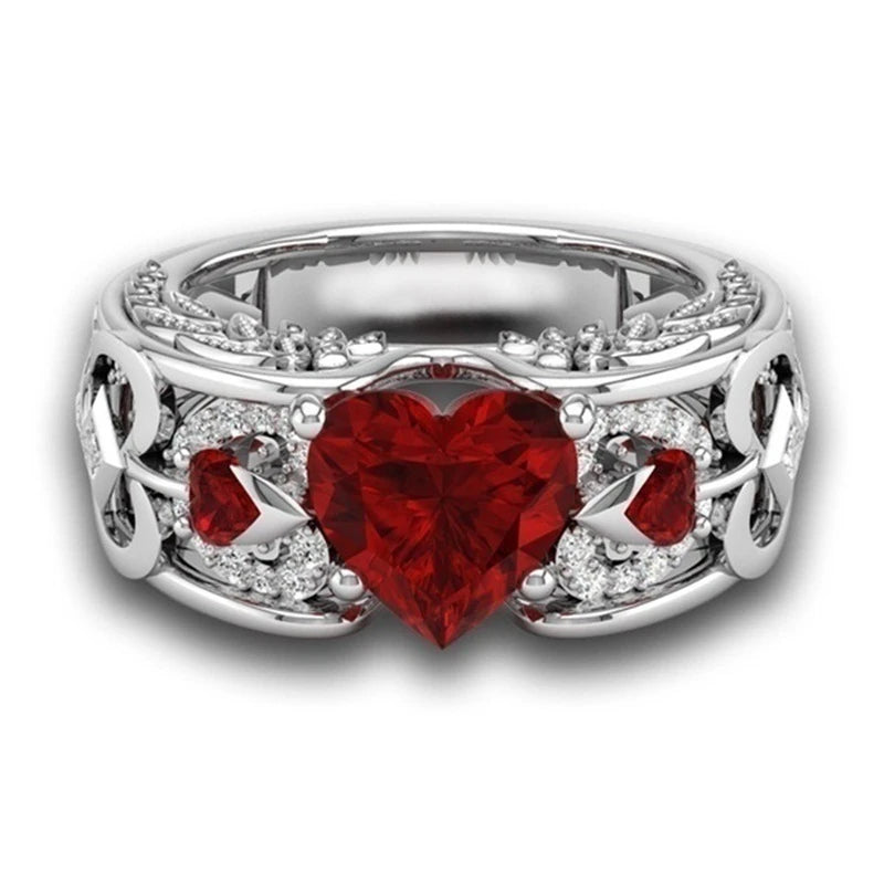 Crimson Red Heart & Filigree Stainless Steel Matching Couple Rings - Lovez Aqua© - 