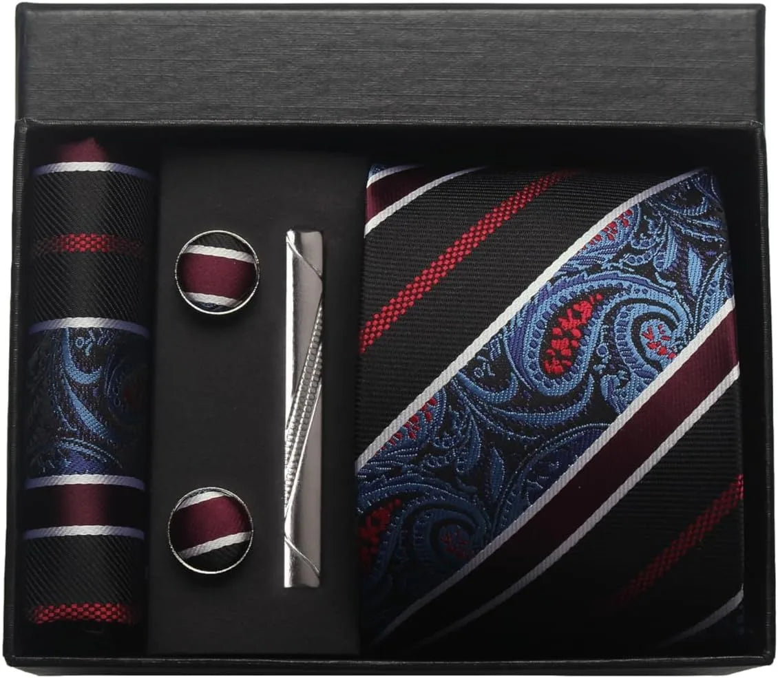 Men's Luxury Silk Paisley Floral Necktie, Pocket Square, Clip & Cufflinks Set - Lovez Aqua© - 