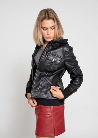 Women's Genuine Lambskin Leather Jacket with Fleece Hoodie & Pockets