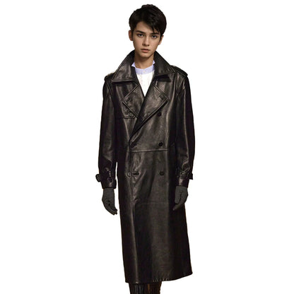 Black Genuine Leather Men's Double Breasted Long Windbreaker Trench Coat - Lovez Aqua© - 