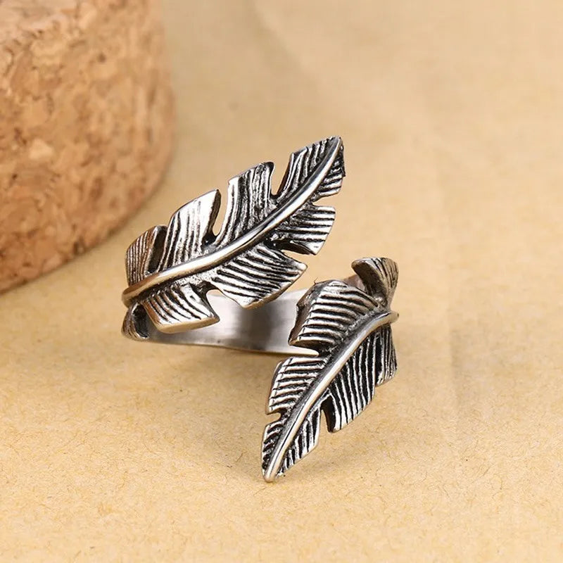 Men's Retro Antique Vintage Stainless Steel Feather Ring - Lovez Aqua© - 