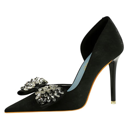 Women's Black Velvet Rhinestone Bow Pointed Toe Stiletto High Heels