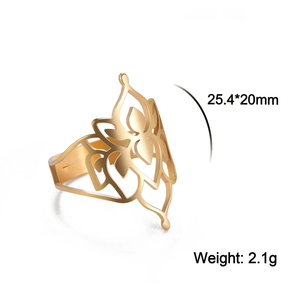 Women's Hollow Cutout Lotus Flower Stainless Steel Adjustable Ring