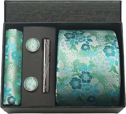 Men's Luxury Silk Paisley Floral Necktie, Pocket Square, Clip & Cufflinks Set - 80d3e6-0e.myshopify.com - BM4 -  BM4