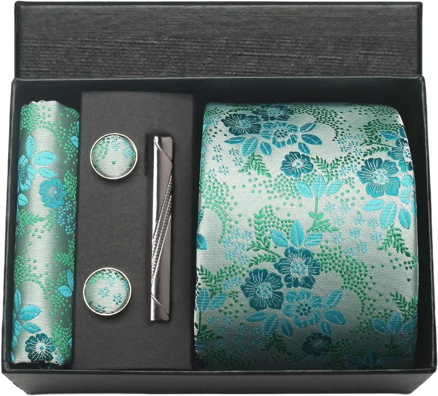 Men's Luxury Silk Paisley Floral Necktie, Pocket Square, Clip & Cufflinks Set - Lovez Aqua© - 