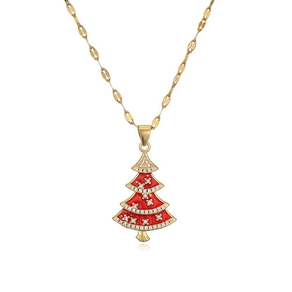 Elegant Red or Green Gold Plated Christmas Tree Festive Women's Necklace