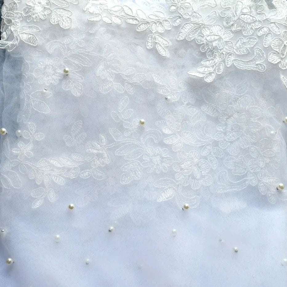 White Faux Pearl Beaded Cathedral Length Laced Edge Long Bridal Wedding Veil - 80d3e6-0e.myshopify.com - White / 300cm -  White